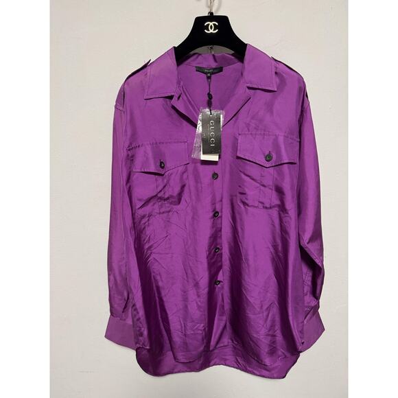 Gucci Shirt Womens 42 Purple Silk Rosso Rubino Button Up Blouse Epaulette Italy